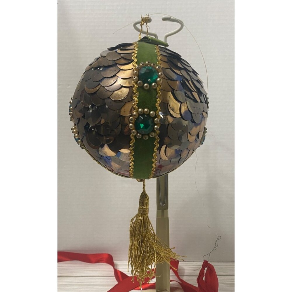 Vintage Large Push Pin Sequin Ornament With Velvet & Tassel Accent